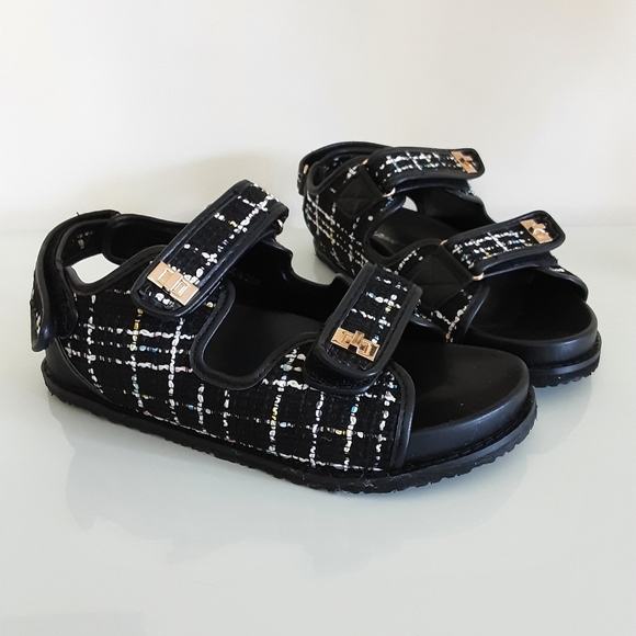 Public Desire Black Fabric Sandals Gold Buckles New with Box - Picture 1 of 7